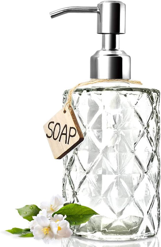 JASAI Diamond Design 12 Oz Glass Soap Dispenser with Rust Proof Pump | Kitchen Soap Dispenser with 304 Stainless Steel Pump, Bathroom Soap Dispenser for Hand Soap, Dish Soap, liquid Soap(Clear)
