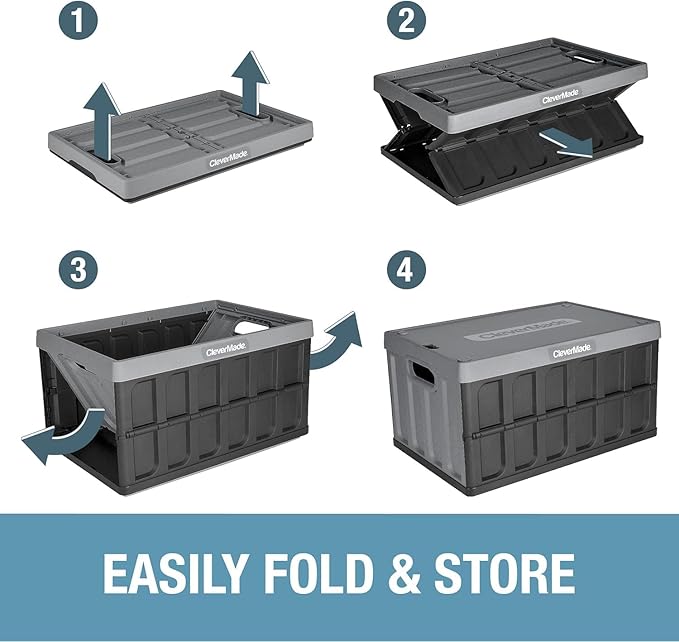 CleverMade Collapsible Storage Bins with Lids, 46L, 3 Pack, Obsidian | Keep Stored Items Covered and Stackable | Each Bin Holds 75 lb, the Lid Stores Underneath, and the Crate Folds to 2.5 Inches