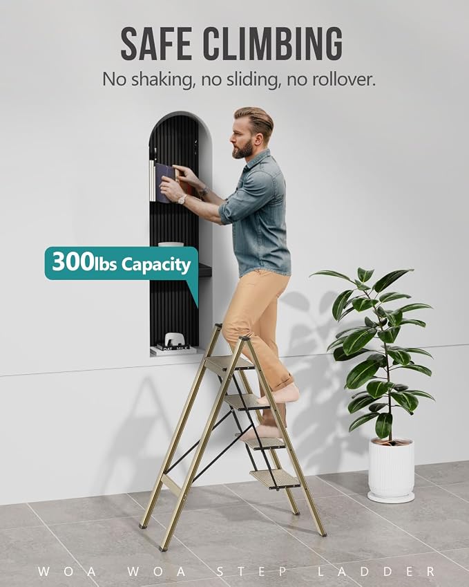 4 Step Foldable Step Stool, 300lbs Load, Gold | Folded 43''H x 2''T; Net 9.9 lbs; Non-Slip Feet: Wood/Tile/Carpet; Rigid Aluminum Steps; No Assembly; Ready From Box.