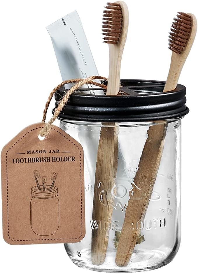 SheeChung Mason Jar Toothbrush Holders, Farmhouse Toothpaste Organizer, 1Pc | Black Glass Electric Tooth Brush Holder for Bathroom Countertop, Removable Stainless Steel Lid,3 Divider,Rustic Vintage Decor
