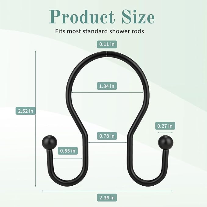 Shower Curtain Hooks, 12 Pcs Shower Curtain Rings, Stainless Steel Shower Curtain Hangers, Black Shower Curtain Hooks Rings Rust Proof, Minimalist Shower Hooks for Shower Curtain, Black