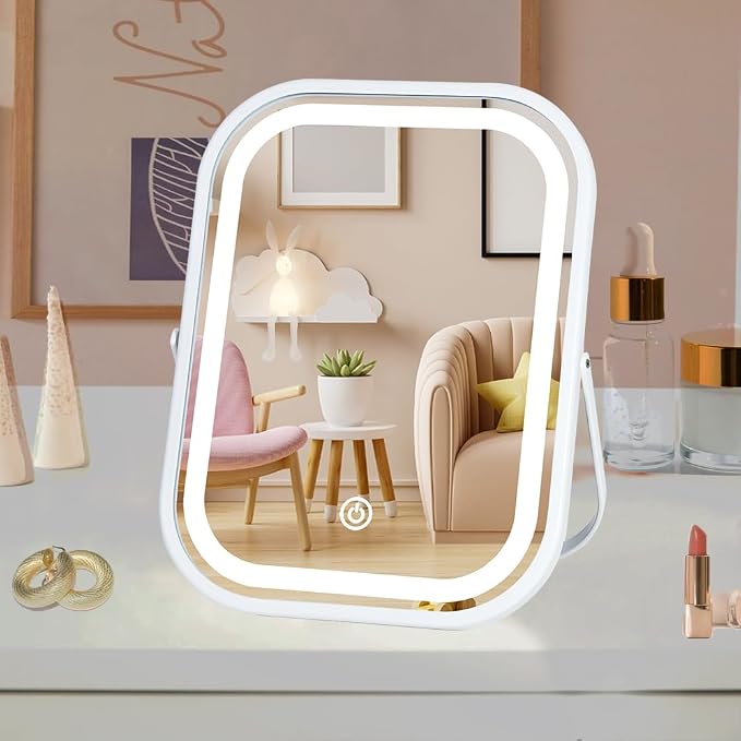 Vanity Mirror with Lights 6x8 Inch, Rechargeable Makeup Mirror for Desk, 3-Color Lighting & Touch Control Tabletop Mirror Lights, Portable Cordless Travel Mirror