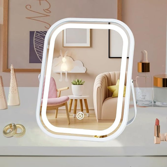Vanity Mirror with Lights 6x8 Inch, Rechargeable Makeup Mirror for Desk, 3-Color Lighting & Touch Control Tabletop Mirror Lights, Portable Cordless Travel Mirror