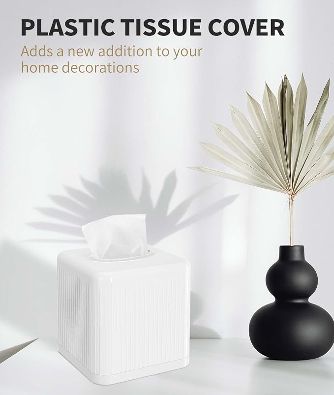 Livelab Tissue Box Cover with Base, Square Plastic Tissue Box Holder Decorative Tissue Cover Modern Cube Facial Tissue Dispenser for Bathroom Vanity Countertop, Living Room, Bedroom, Office - White