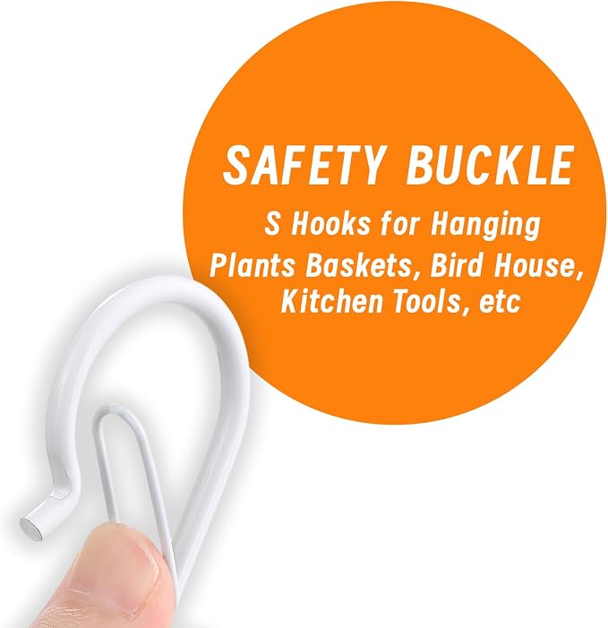 12 Pack 5 Inch S Hooks for Hanging, Heavy Duty S Hooks with Safety Buckle | Metal S Shaped Hanger Hooks for Hanging Kitchen Utensil, Cups Pots Pan Closet Plants Purse Bags Hats (White)