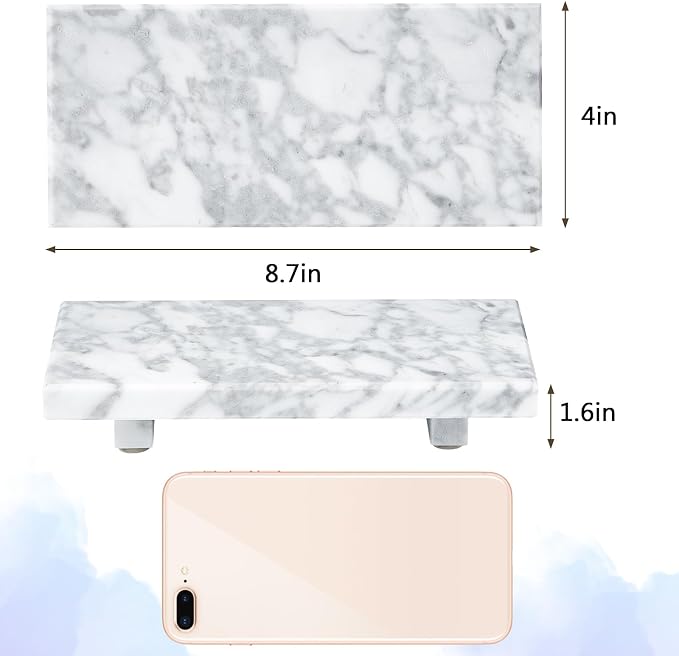 Natural Marble Tray Pedestal Stand, Stone Riser for Bathroom, Kitchen Sink | Stone pedestal riser, unique veining. Hand-polished, waterproof. Soap & vanity display. Perfume & candle catchall. Non-slip.
