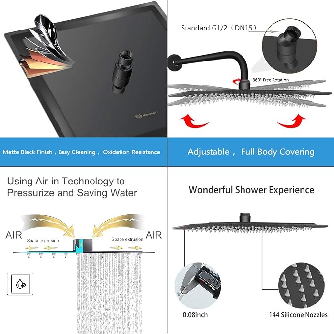 NearMoon Rain Shower Head, High Flow Stainless Steel Square Rainfall Shower, Waterfall Bath Shower Body Covering, Ceiling or Wall Mount (12 Inch, Matte Black)