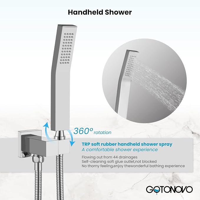 gotonovo Shower Faucet Set with Handheld Spray Polished Chrome,8'' Head | SUS304 Rainfall Shower Head and Handle Set System Fixture,Pressure Balance Valve Trim Kit,Single Handle,Wall Mount,All Metal