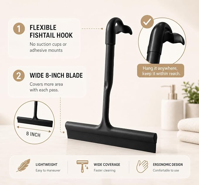 Shower Squeegee for Glass Doors, 10-Inch Silicone, Fishtail Hook, Black | One-Piece Silicone Squeegee for Shower Glass, Fishtail Hook, Non-Slip Grip, Quiet Glide; Tile, Mirrors, Windows & Car Glass