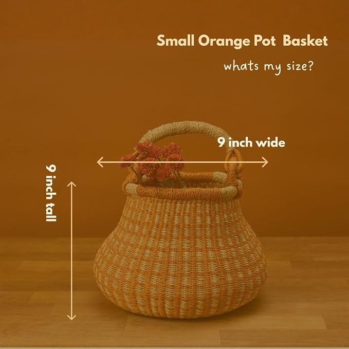 Decorative Basket for Living Room, Natural and Orange, 10 Inch Wide
