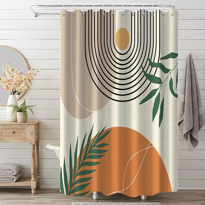 Mid Century Shower Curtain with Hook for Bathroom 72x78 Inch | Waterproof Abstract Orange and Beige Shower Curtain Set, Soft Bathroom Decor, Machine Washable