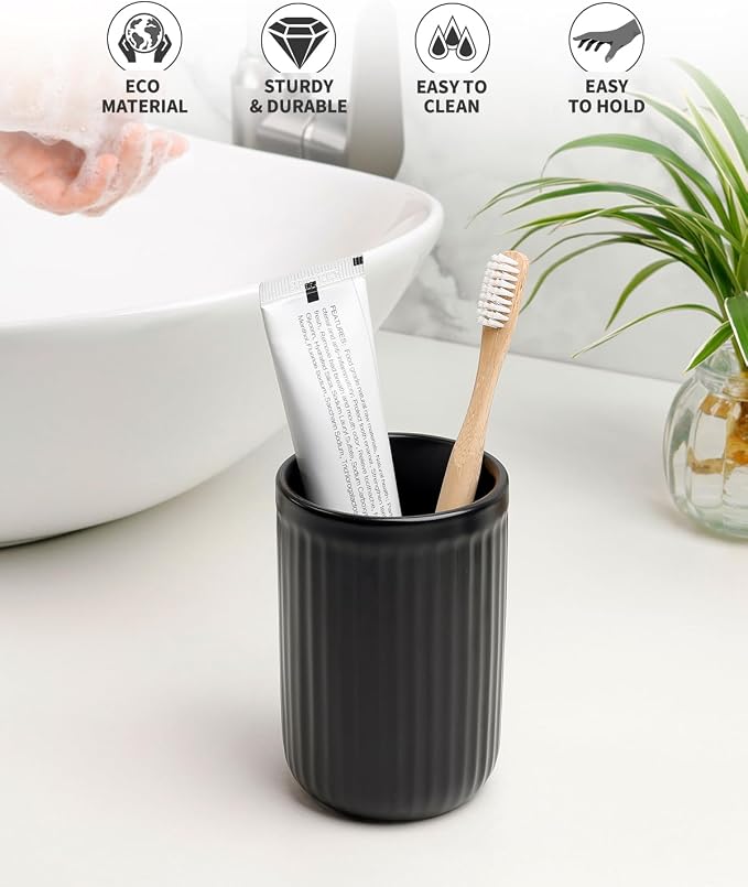 BosilunLife Ceramic Toothbrush Holder - 12oz Bathroom Toothbrush Holder Tooth Brush Holders Tumbler Cups Reusable Toothbrush Mouthwash Cup Small Toothbrush and Toothpaste Holder, Striped Black
