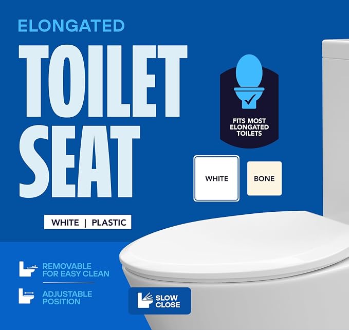 HIGHCRAFT Premium Elongated Toilet Seat with Slow-Close Design, Adjustable Hinges & Quick Removal Mechanism - Plastic Toilet Seat - Fits Standard Elongated Toilets - Oval Toilet Seat in White