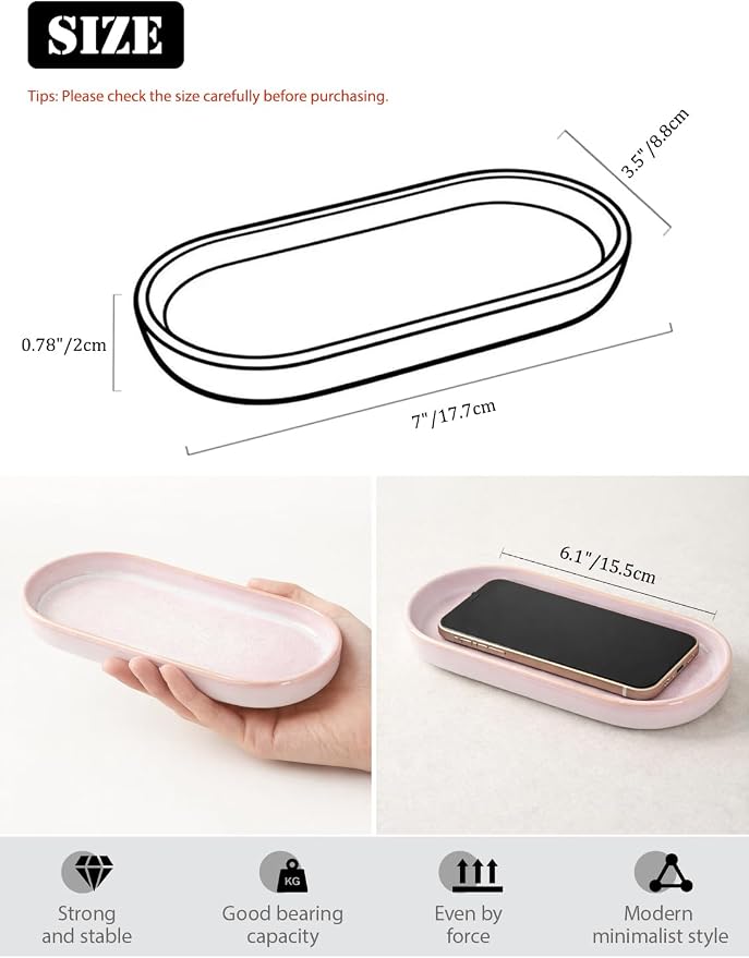 Glossy Pink Ceramic Bathroom Tray for Countertop, Small Vanity Organizer Dish for Perfume, Jewelry, Soap & Toiletries, Oval Decorative Tray for Bathroom, Dresser, Minimalist Home Decor