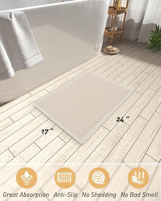 AMOAMI Upgraded Waffle Bath Mat, Super Absorbent Non Slip Bath Mats for Bathroom Floor, Machine Washable Bathroom Rugs with Tassels, Rubber Backed Bathroom Mats, Ultra Soft, 17" x 24", Pale Beige
