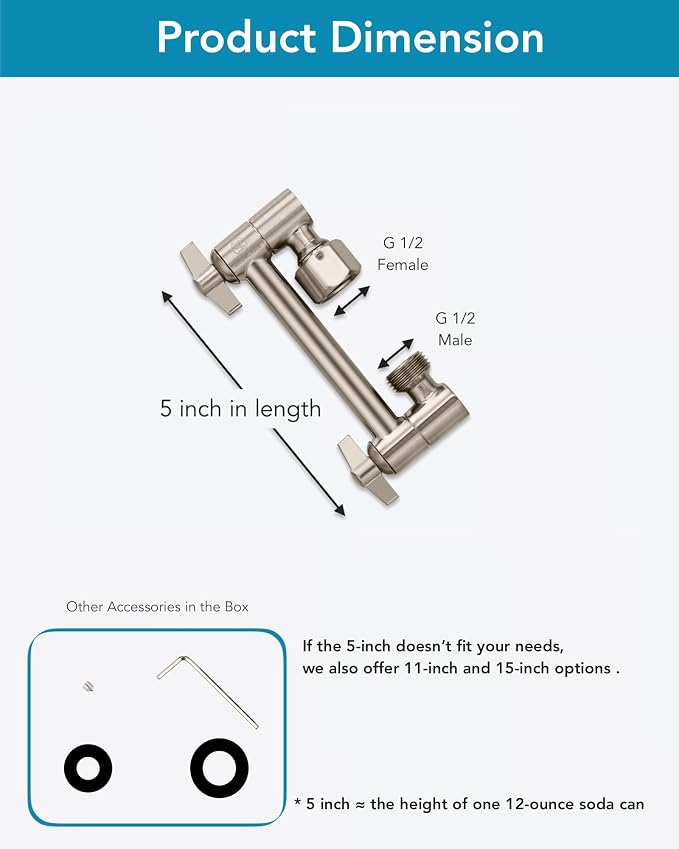 5 Inch Adjustable Shower Head Extension Arm With Locking Set Screw, Singing Rain 304 Stainless Steel Nickel Brushed Angle Height Adjustable, G1/2 Universal Connector Compatible (Nickel Brushed)