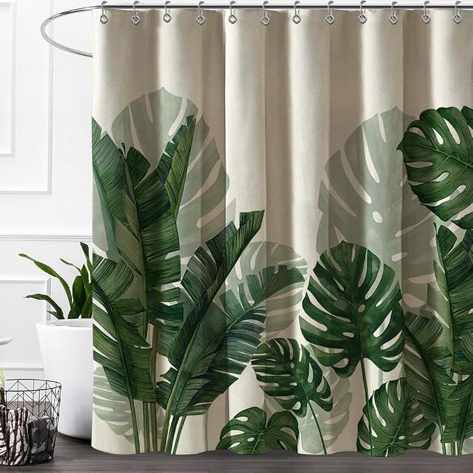 Baccessor Linen Shower Curtain Long 72 W X 84 L Inch Tropical Green Leaf Shower Curtains Botanical Banana Monstera Leaf Palm Tree Waterproof Heavy Duty Fabric Cloth Shower Curtain for Bathtubs Hotel