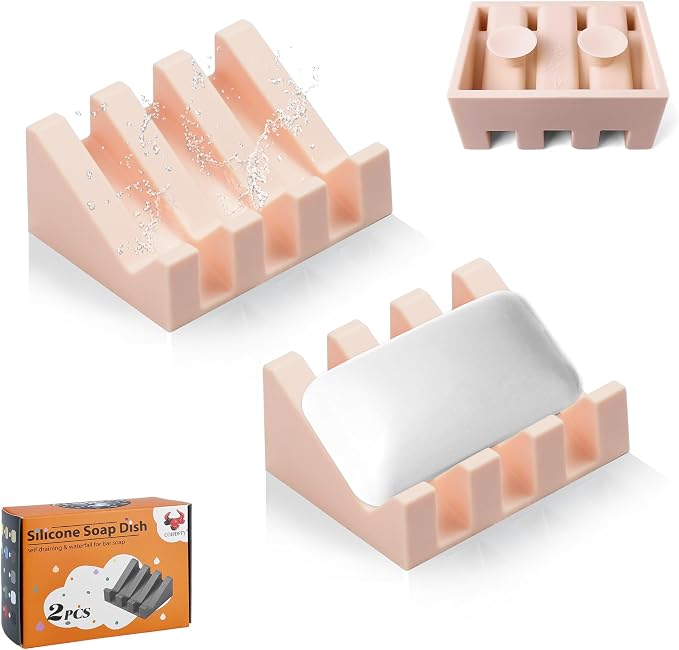 Soap Dish Holder for Shower with Suction Cup, Silicone Soap Holder & Saver Self-Draining Bar Soap Dish Keeps Soap Dry for Bathroom, Kitchen, Bathtub, Extends Soap Life (Pink-2Pack)