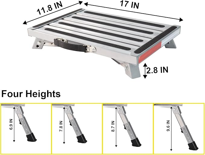 Yagud Safety RV Steps, Non-Slip Folding Adjustable Step Stool | Height Adj. Platform Step 17"x12" Non-Slip, Rubber Feet, Reflect. Strips, T Level, Aluminum RV Stool 1000lbs, Silver