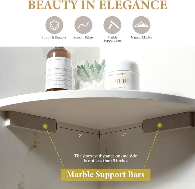 2Pcs Marble Corner Shower Caddies Shelves for Bathroom | 10'' White Marble Corner Shelves for Bath, Wall Mounted Stone Corner Shower Caddy, No Drilling Adhesive Shower Shelf