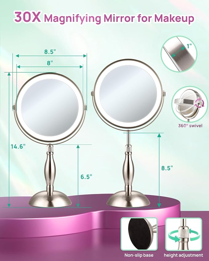 30X Magnifying Mirror with Lights, 8" Height Adjustable Makeup Mirror | Rechargeable 5000mAh, 30x Double Sided, 3 Color Lights + Dimmable, Nickel – Modern Magnifying Mirror for Bathroom Desk