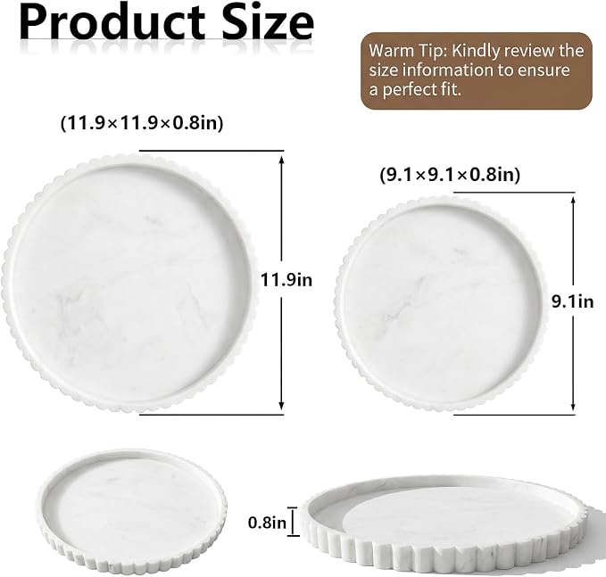 Silicone Bathroom Vanity Trays for Counter - 9.1 Inch Round Small Bathroom Tray with Scalloped Edge, Coffee Table Decor, Decorative Tray for Candle Key Skincare Perfume Storage, Marble Gray