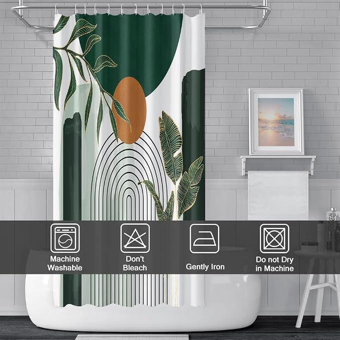Abstract Boho Green Stall Shower Curtain with Hooks 36x72 Inch | Waterproof Small Emerald-green Leaves Bathroom Curtain for Shower Stall, Machine Washable