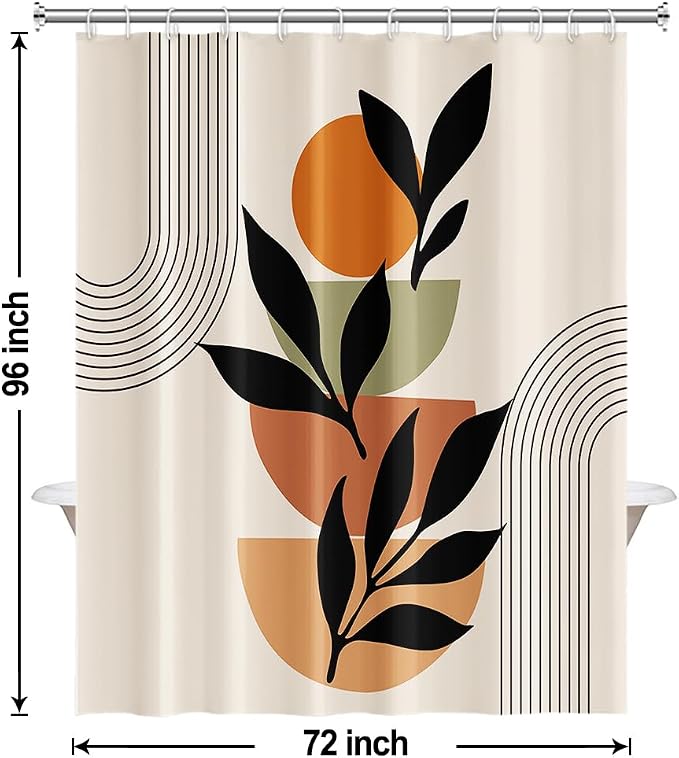 Boho Beige Shower Curtain for Bathroom 72x96 Inch | Waterproof Abstract Black Arch and Leaves Shower Curtain Set with Hooks, Mid Century Bathroom Decor