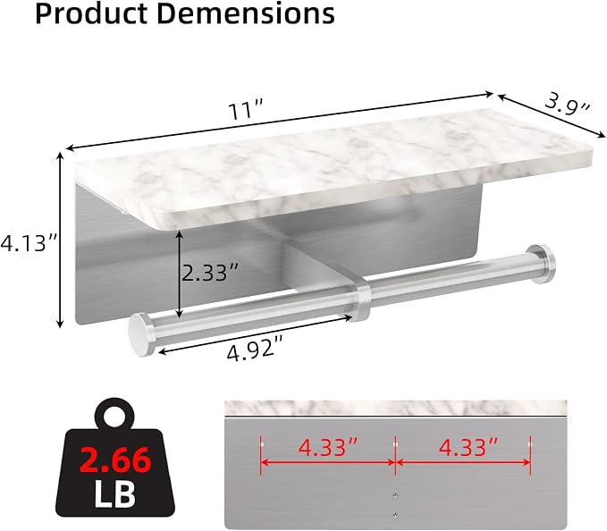Gypie Toilet Paper Holder with Marble Shelf, Double Brushed Nickel | Stainless Steel Tissue Roll Paper Holder Wall Mount for Bathroom Washroom