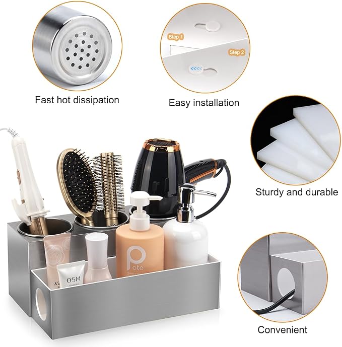 GFWARE Hot Hair Styling Tool Organizer with 3 Stainless Steel Cups, Silver | Bathroom Vanity Organizer Storage, Hair Accessories Tools Organizer Hair Dryer, Blow Dryer, Curling Iron, Flat Iron