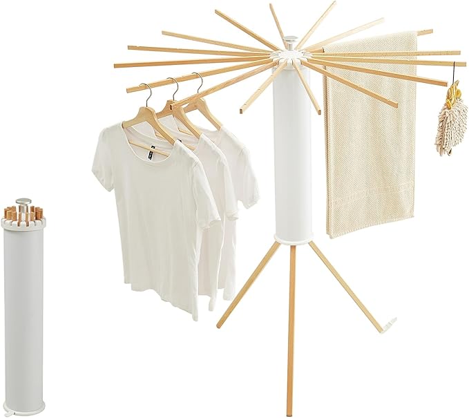 JOOM Clothes Drying Rack, Clothing Stand, Foldable Laundry Drying Rack | Portable clothes rack with wooden rods, plastic cylinder and tripod base for apartments, balconies, RVs, camping and travel.