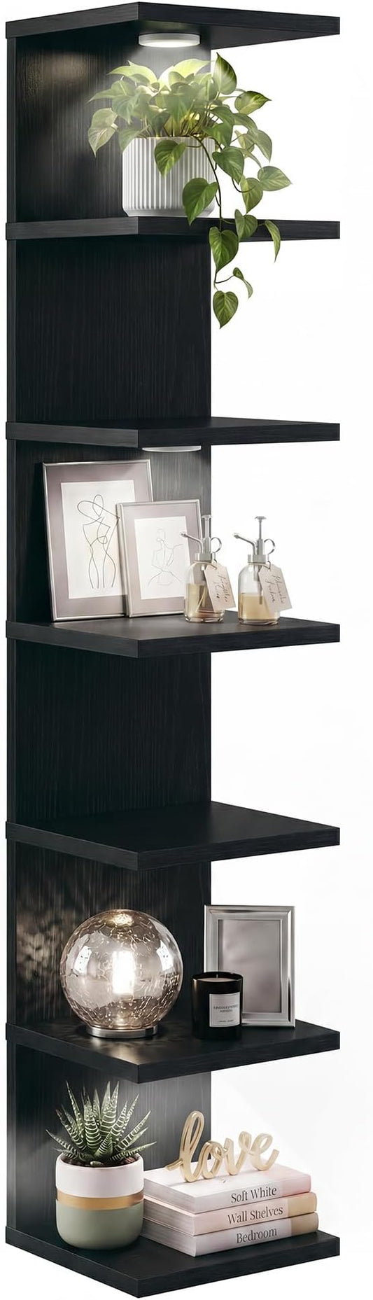 7-Tier Floating Shelves for Wall, Corner Shelf with LED Lights Lack Shelf for Home Organizer Display, Space-Saving, for Kitchen, Living Room, Bedroom, Modern, Black