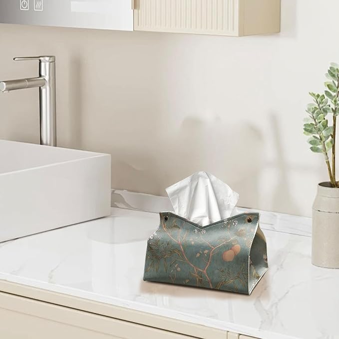 Green Floral Rrectangle Tissue Box Cover 9.8x5.9x7In | Vintage Decorative PU Leather Tissue Box Holder for Bedroom Bathroom,Boho Floral Waterproof Tissue Box Cover for Women
