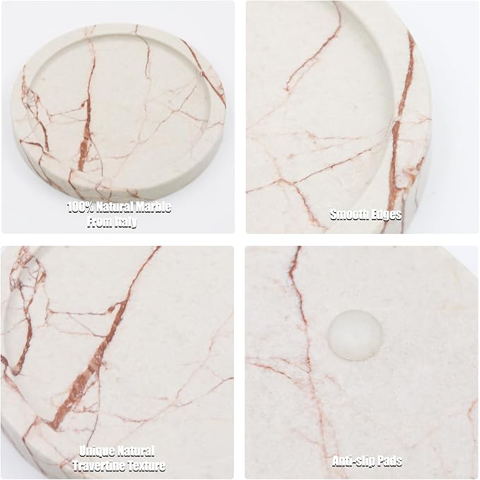 Natural Marble Tray Round 6 Inch Stone Vanity Tray for Home Decor, Pink | Stone Vanity Dish Trinket Catch All, Inner 5.5 Inch Decorative Tray Organizer for Bathroom Kitchen Nightstand Counter Dresser