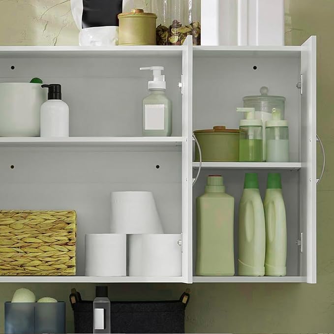 3-Door Wall Mount Bathroom & Laundry Cabinet, Wall Size, White | 3-Door Wall Storage Cabinet With Adjustable Shelves, Over Toilet/Washer MDF Medicine Cabinet, HUS-FRG231-L