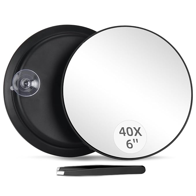 40X Magnifying Mirror with 3 Suction Cups, Travel Makeup Magnified Mirror | With Tweezers Set, 6inch Travel Makeup Mirror with 40X Powerful Magnification- for Makeup, Shaving, Blackhead Blemish Removal
