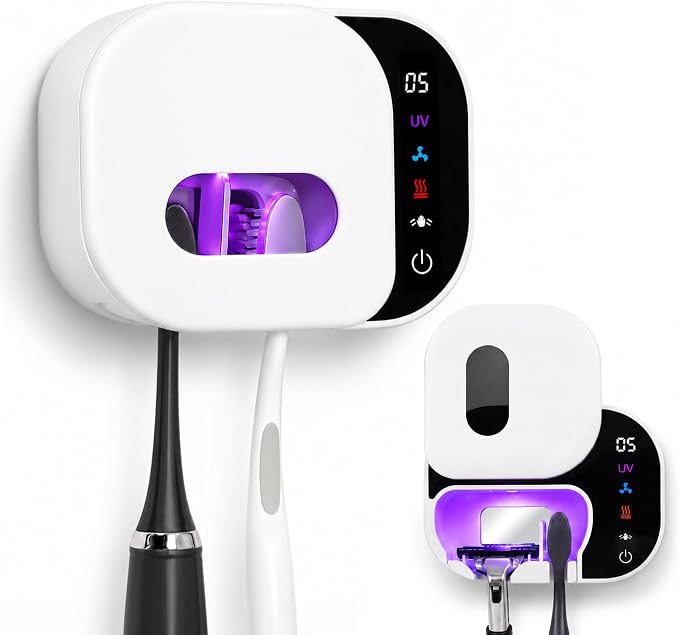 FamilyKit Toothbrush Cleaner Holder, Infrared Sensing & Drying with 2 Slots | Portable Toothbrush Covers Case, Wall Mounted Tooth Brush Holder with LED Smart Display & Hot Air Drying for Home Travel