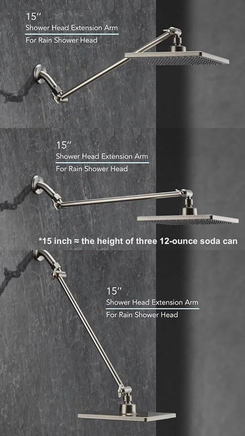 15 Inch Extra Long Adjustable Shower Head Extension Arm With Locking Set Screw, Singing Rain 304 Stainless Steel Angle Height Adjustable, G1/2 Universal Connector Compatible (Nickel Brushed)