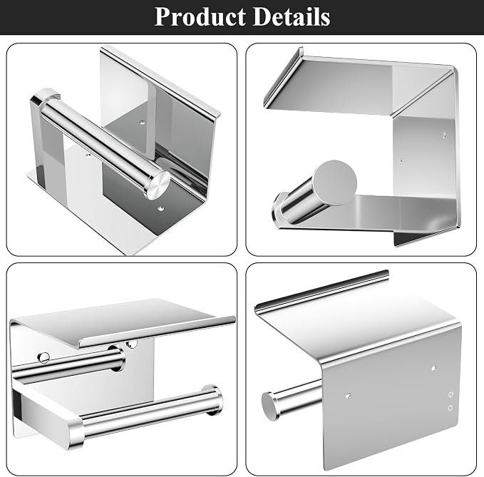 Tindbea Toilet Paper Holder with Phone Shelf, Adhesive or Screw Wall Mount Toilet Tissue Roll Holder, Rustproof & Multifunctional Stainless Steel Bathroom Storage Dispenser (Polished Chrome) | Heavy Duty Stainless Steel Polished Chrome