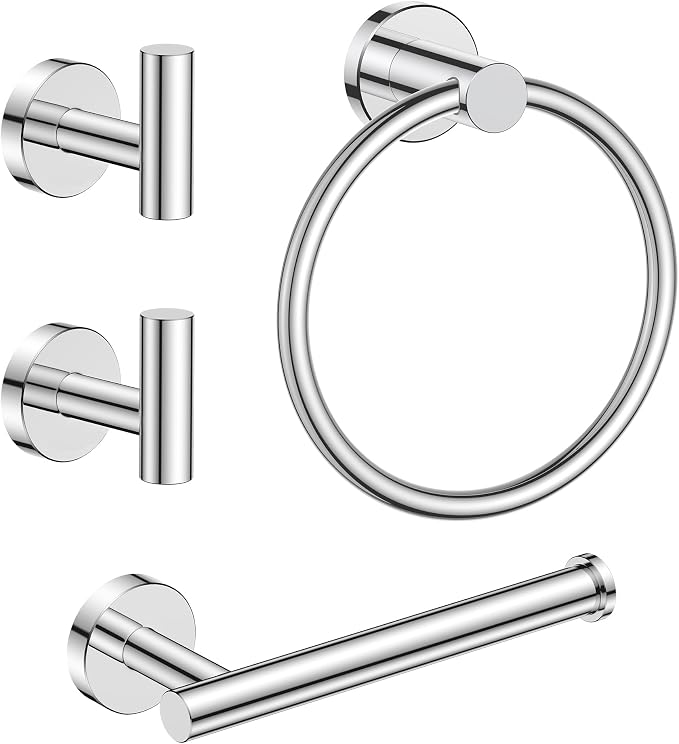 FORIOUS Bathroom Accessories Set, 4-Piece Bathroom Hardware Set | Chrome | SUS304 Stainless Steel Towel Ring, 2 Towel Hooks, and Toilet Paper Holder Wall Mounted