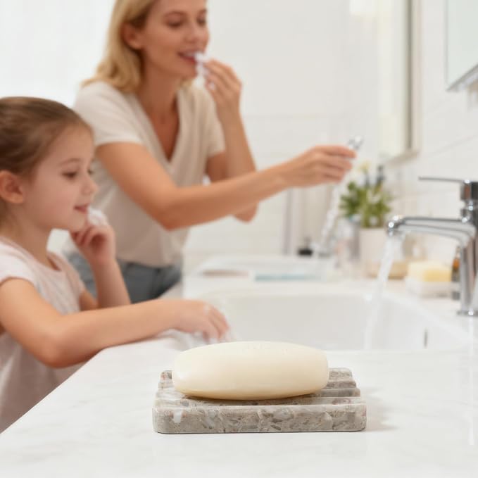 Karibiber Soap Holder for Bathroom, Grey Marble Soap Dish for Kitchen Countertop, Soap Tray with Creative Wavy Design, Soap Saver for Bath Tub, Sponges, Italian Natural Stone