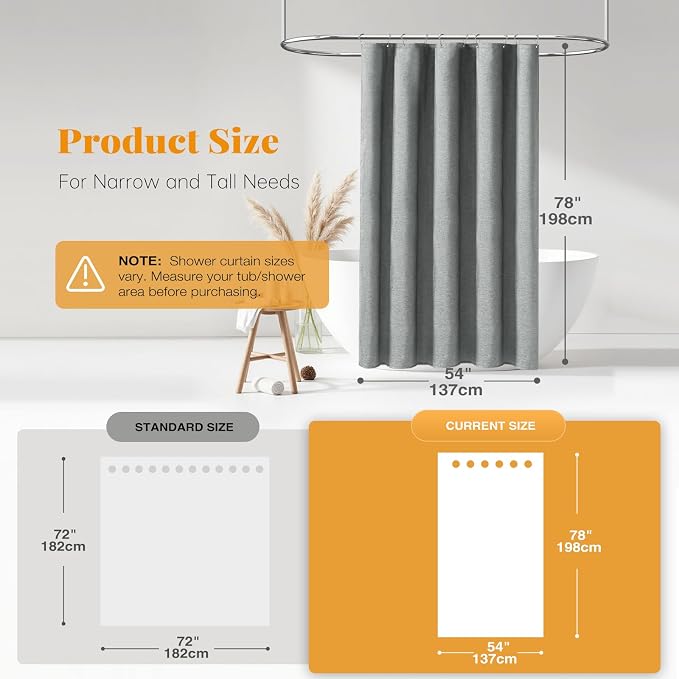 54x78 Linen Textured Waterproof Fabric Shower Curtain Set, Grey/Gray | Narrow Long Size, 230GSM Polyester, Heavy Duty Cloth, Weighted Hem, 10 Hooks, Modern Luxury Hotel Style, Machine Washable