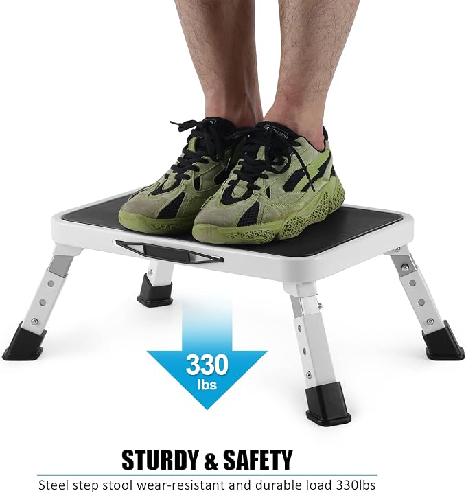 Jocauto Folding Step Stool for Adults, Height-Adjustable Small Step Stool | Step Ladder with Non-Slip Platform for Adults or Kids in Kitchen, Home, Rv, 330 Lbs Capacity, White