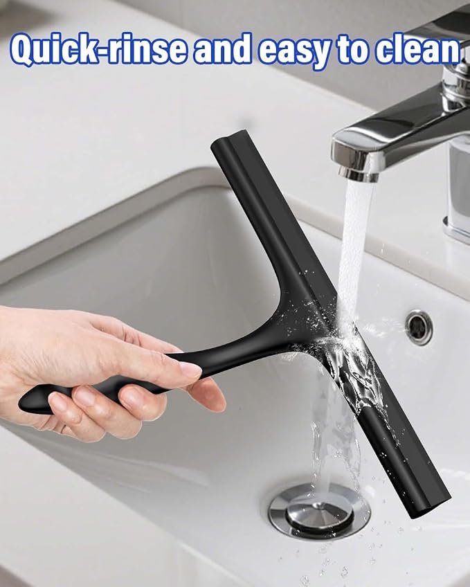 Shower Squeegee for Glass Doors 10 Inch, Black Bathroom Squeegee with Hook | Rust-Proof, Streak Free, All-Purpose Window Squeegee for Shower Glass, Tile Walls, Car, Ergonomic Grip, Silicone Squeegees