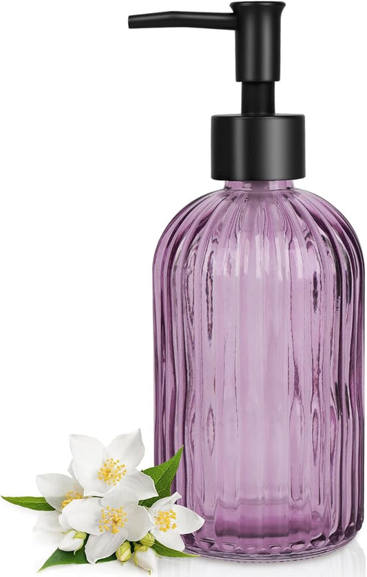 Topsky Stripe Glass Soap Dispenser with Black Plastic Pump, 400ml Liquid Hand Soap Dispenser, Rustproof Pump for Kitchen & Bathroom, Great for Lotions, Essential Oil, Liquid Soaps-Purple