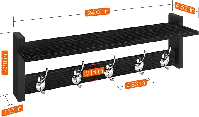 Coat Rack Wall Mount with Shelf, 24" Long Entryway Shelf with Hooks Underneath, Wooden Coat Hanger for Hanging Hats, Bathroom Towels, Clothes, Black