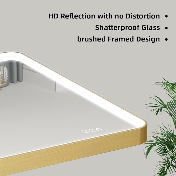 LED Mirror for Bathroom 55X32 Inch Gold Framed with Anti-Fog, Stepless Dimmable, Front Lit, LED Bathroom Vanity Mirror for Wall, Memory Function, Shatter-Proof