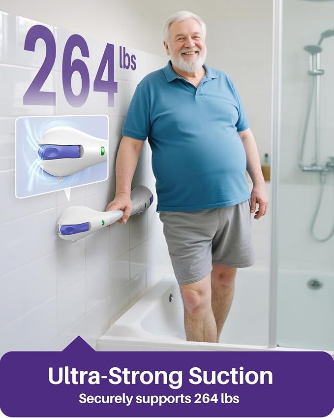 KEKOY 17.5 in 1 Pack Suction Grab Bars Bathtubs and Showers with Indicator | Heavy Duty Safety Shower Handle for Seniors and Elderly, Handicap Bars for Bathroom, No Drilling, Purple