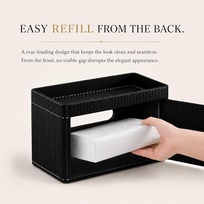 Ribbed PU Leather Tissue Box Cover with Storage Tray, Rectangular Facial Tissue Holder for Bathroom Vanity, Nightstand & Office Desk, Modern Decorative Tissue Dispenser (Matte Black)