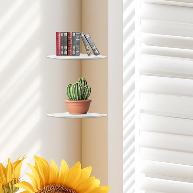 JJL Corner Shelf, 12-Inch Sector Wall Shelf, Set of 4 Wooden Hanging Corner Shelves with Wire Hole for Bedroom Corner Decoration, White
